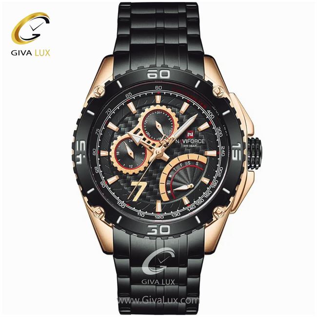 ساعت مچی اورجینال مردانه ناوی فورس|Naviforce|نوی فورس|نیوی فورس سه موتوره فول تایم رزگلد | مشکی| مشکی| کد رفرنس NF9183